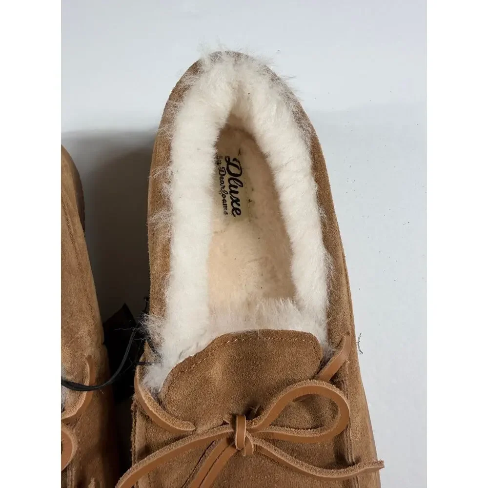 NEW Dearfoams Deluxe Genuine Suede Shearling Slippers Chestnut Size 12